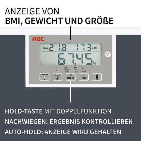 ADE medical personnel scale M320600 professional scale up to 250 kg, extra wide weighing surface, MPG approved, non-calibrated - BMI, hold function, rotatable display