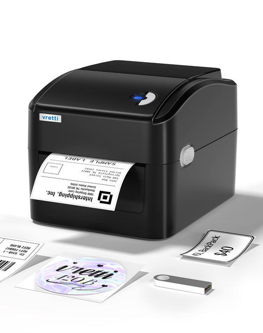 Vretti USB label printer with XXL paper tray - label printer for DHL shipping labels, compatible with Windows/mac/ChromeOS/Linux, 99.99% barcode scan rate, without separate holder.