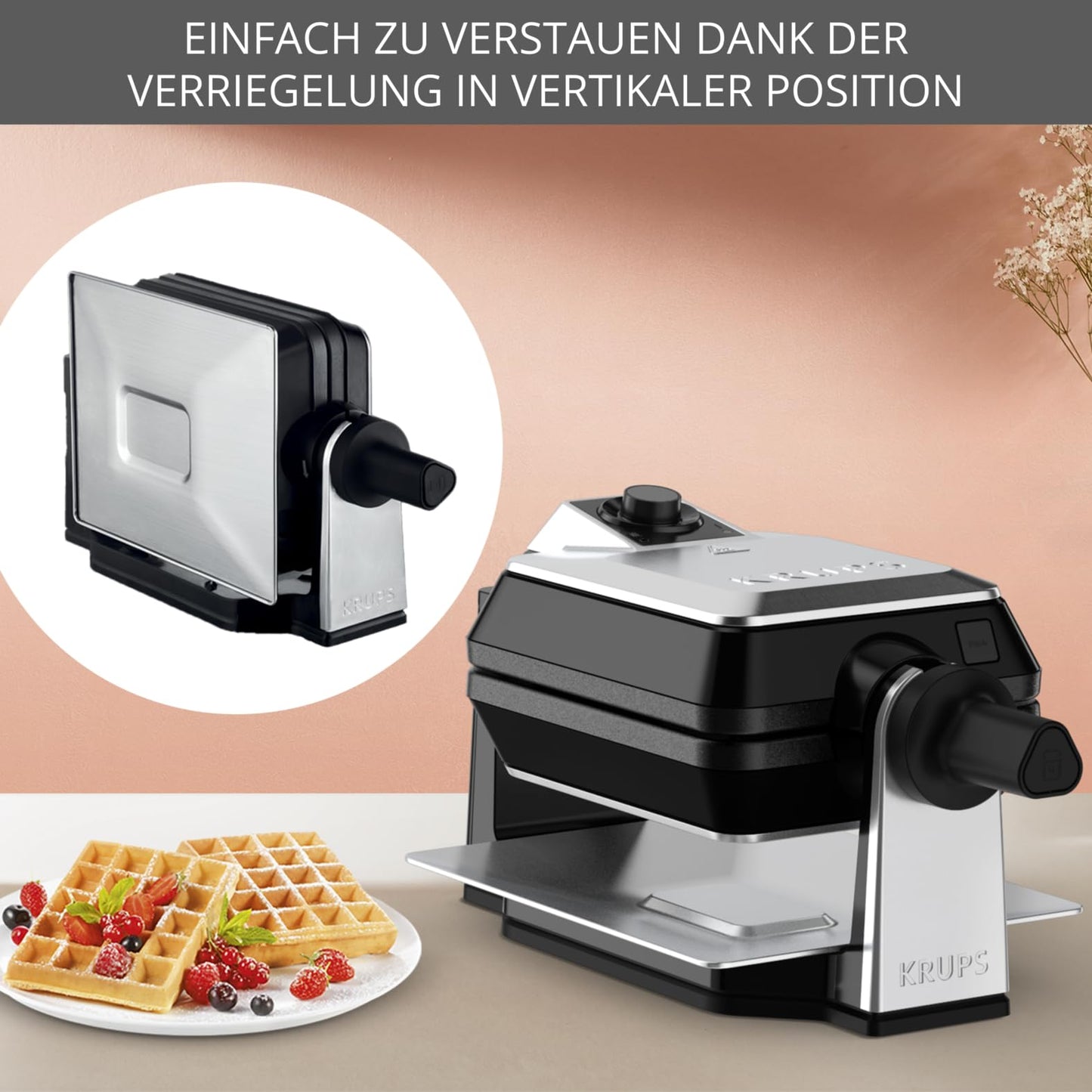 Krups FDD95D Professional double waffle maker, makes 2 Belgian waffles at once, rotating function for perfect waffles, 7 browning levels, dishwasher safe plates, 1200W, black