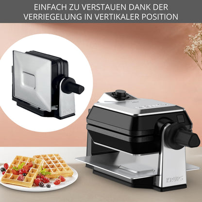 Krups FDD95D Professional double waffle maker, makes 2 Belgian waffles at once, rotating function for perfect waffles, 7 browning levels, dishwasher safe plates, 1200W, black