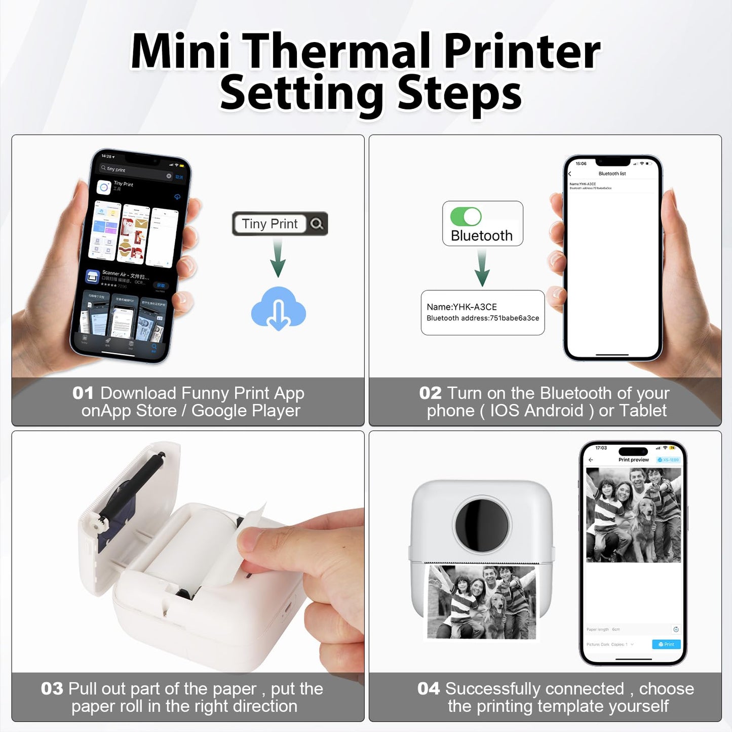 Mini printer with bag, mini label printer bag Portable mini photo printer 10 rolls of printer paper Bluetooth photo printer thermal printer for learning aids learning notes journal memo (White with Bag)