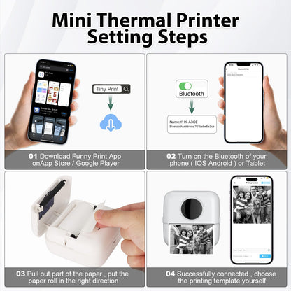 Mini printer with bag, mini label printer bag Portable mini photo printer 10 rolls of printer paper Bluetooth photo printer thermal printer for learning aids learning notes journal memo (White with Bag)