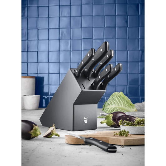 WMF knife block with 7-piece knife set, kitchen knife set with knife holder, 6 sharp knives, wood block varnished, special blade steel.
