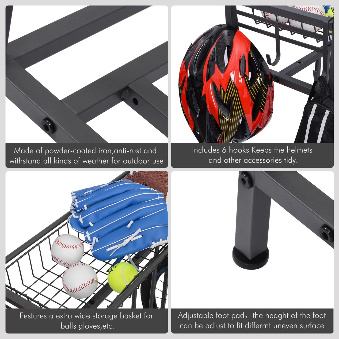 Bike rack, bicycle parking stand with 3 bike slots, extra wide basket, 6 hooks, adjustable bike slot for garage storage mountain bike, kids' bikes, bike stand