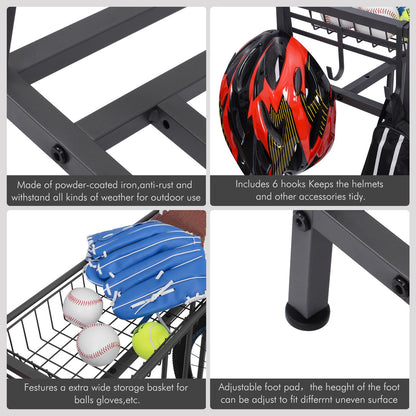 Bike rack, bicycle parking stand with 3 bike slots, extra wide basket, 6 hooks, adjustable bike slot for garage storage mountain bike, kids' bikes, bike stand