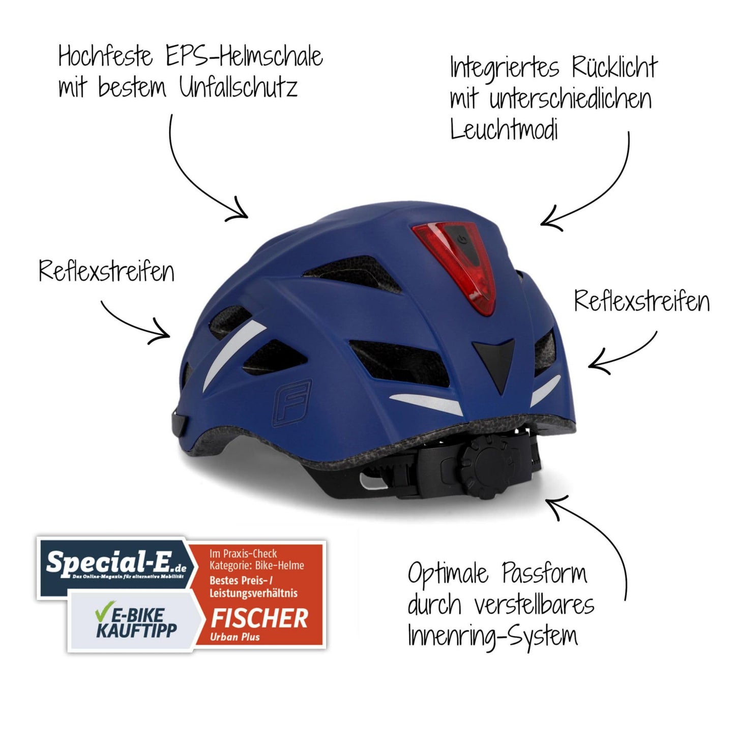 FISCHER Adult Bike Helmet, City Helmet Urban Plus Boston, L/XL, 58-61cm, blue, with integrated LED rear light, dark blue.