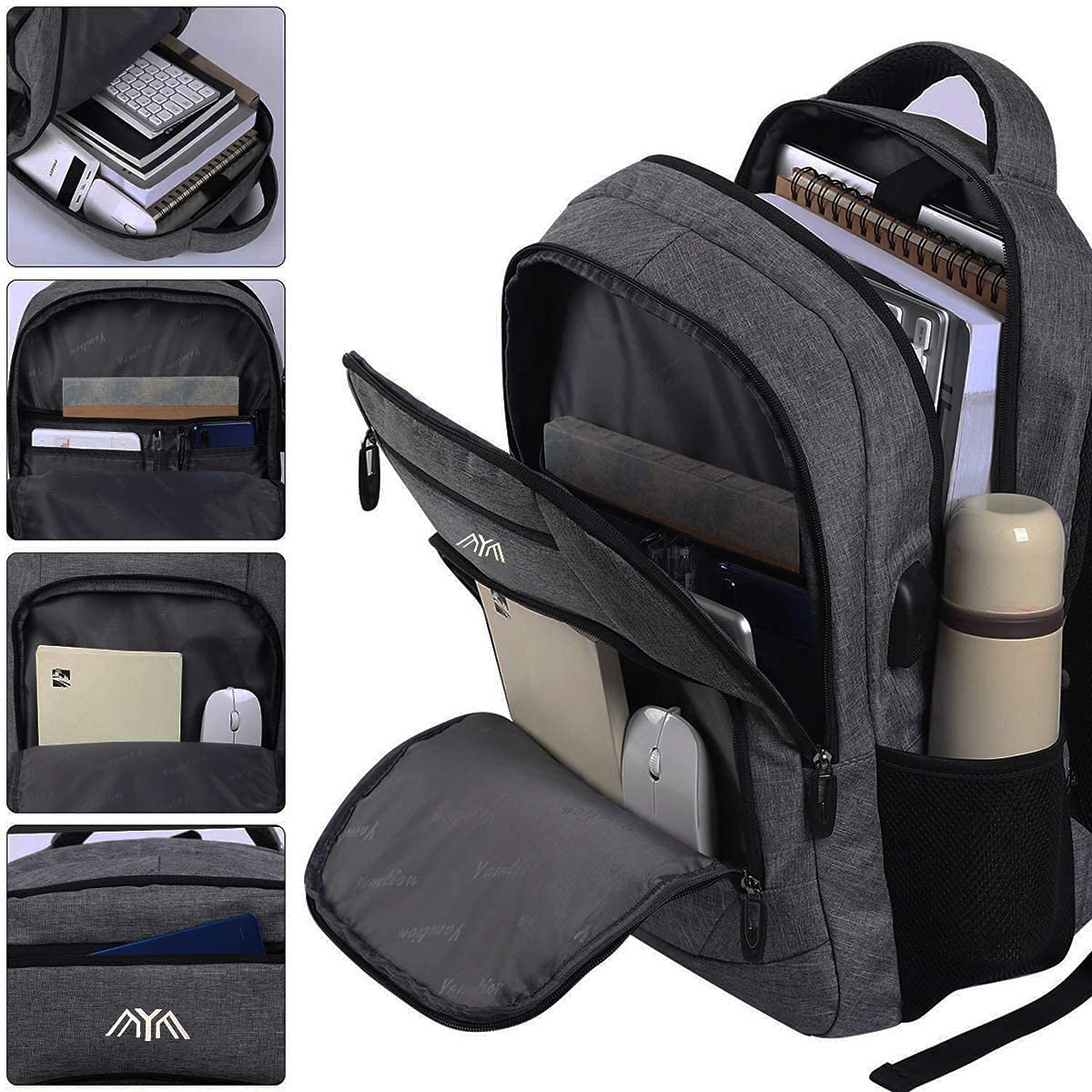 YAMTION backpack for men and women, school backpack for 17.3 inch laptop, waterproof business daypacks for boys and teenagers with USB charging port.