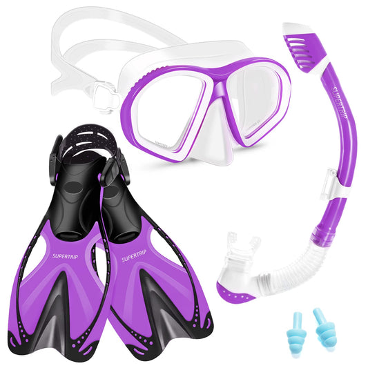 Supertrip Kids Snorkel Set 3-piece, Snorkeling Set with Fins, Dive Mask with Tempered Glass, Adjustable Swim Fins, Premium Dry Snorkel for Children Junior
