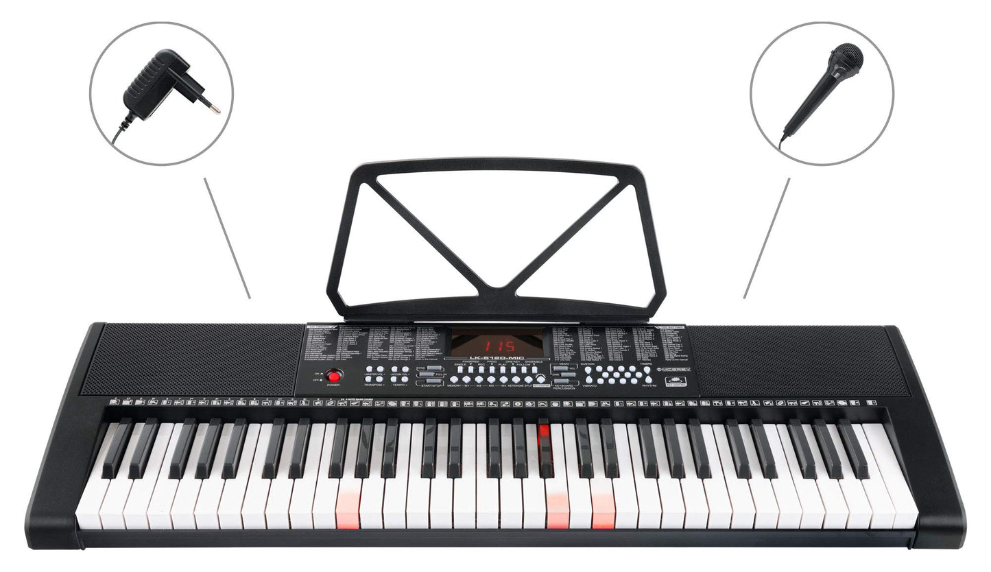 McGrey LK-6120-MIC Keyboard Set - beginner keyboard with 61 light-up keys - 255 sounds and 255 rhythms - 50 demo songs - includes microphone - savings set includes X keyboard stand and headphones - black
