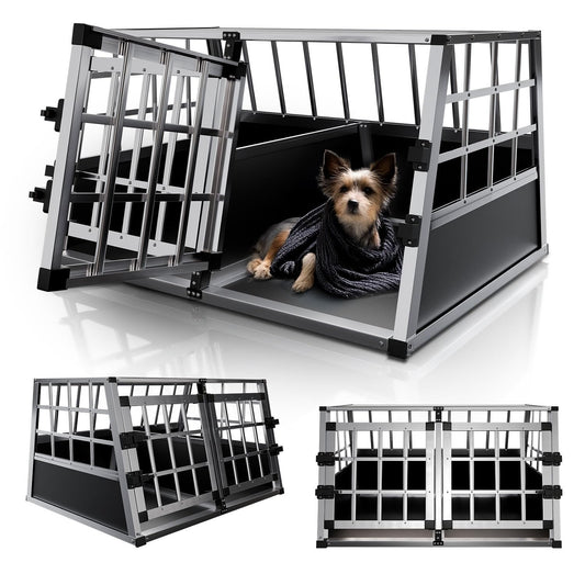Juskys aluminum dog transport box L-X - 89x70x51 cm - car dog box sturdy & easy to clean - grid doors lockable - aluminum travel box for dogs