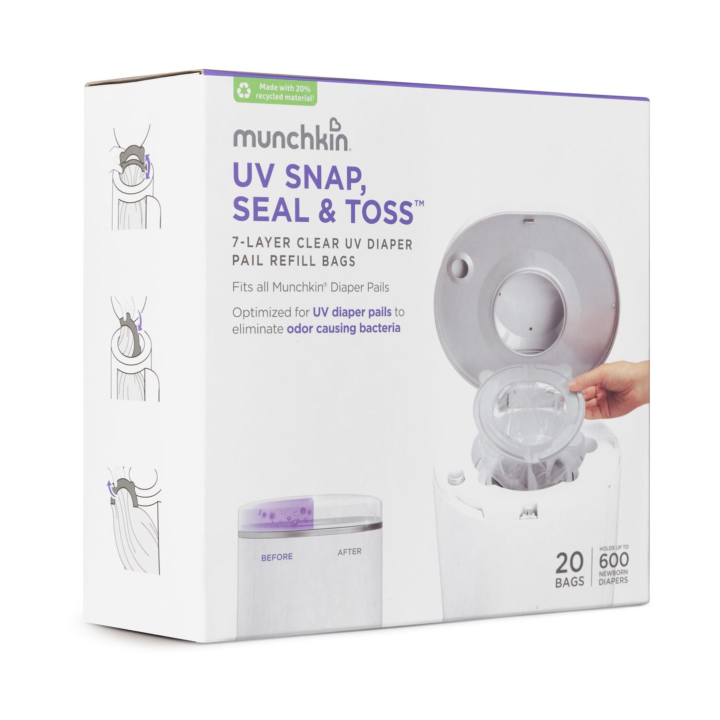 Munchkin UV Snap, Seal & Toss Diaper Pail Refill Bags, for 600 diapers, 20 pieces