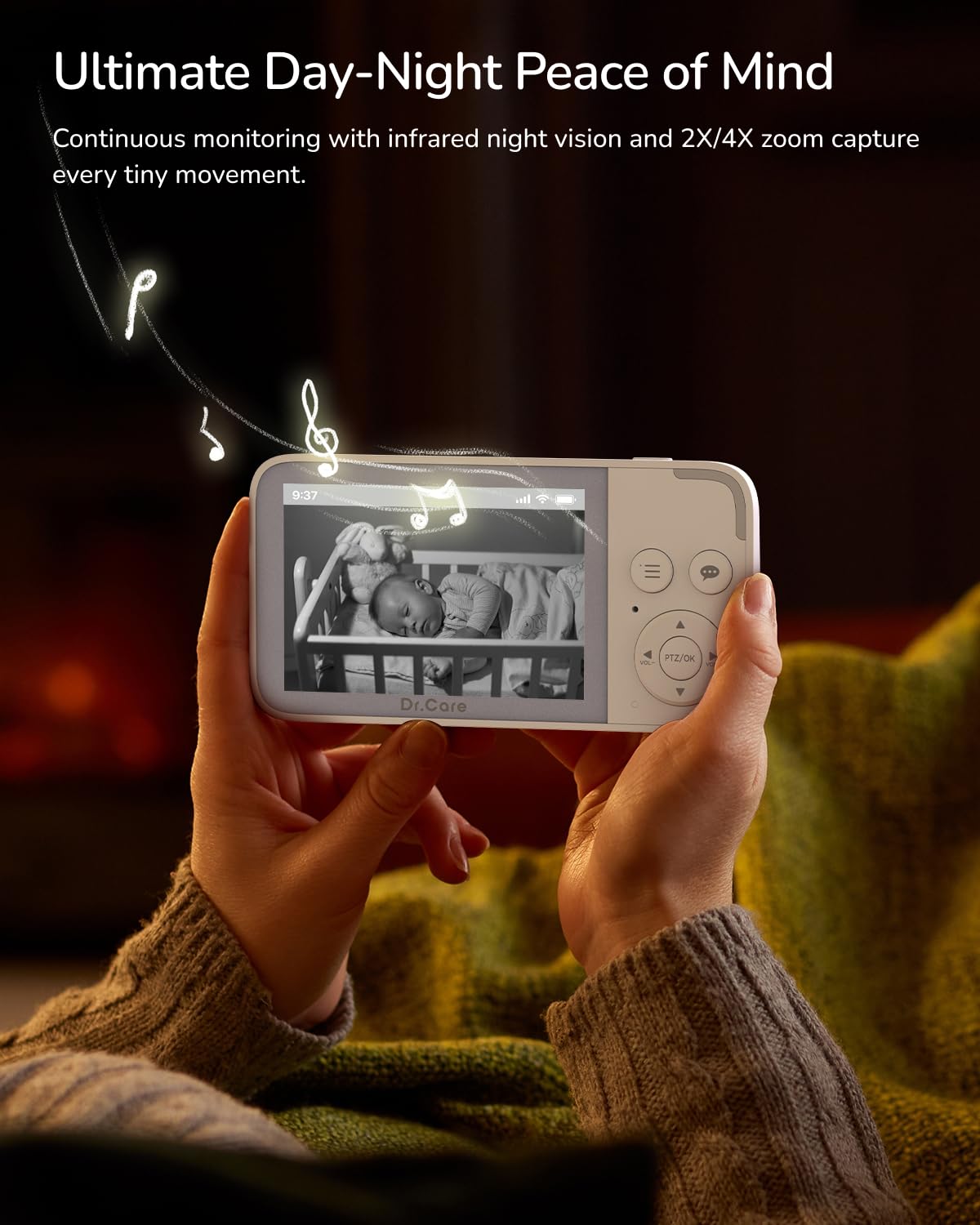 Dr.Care NeoView baby monitor with camera, 3.5" screen, video recording, 2-way audio, loop recording, night vision, VOX, temperature sensor, lullabies, no Wi-Fi, supports up to 128GB.