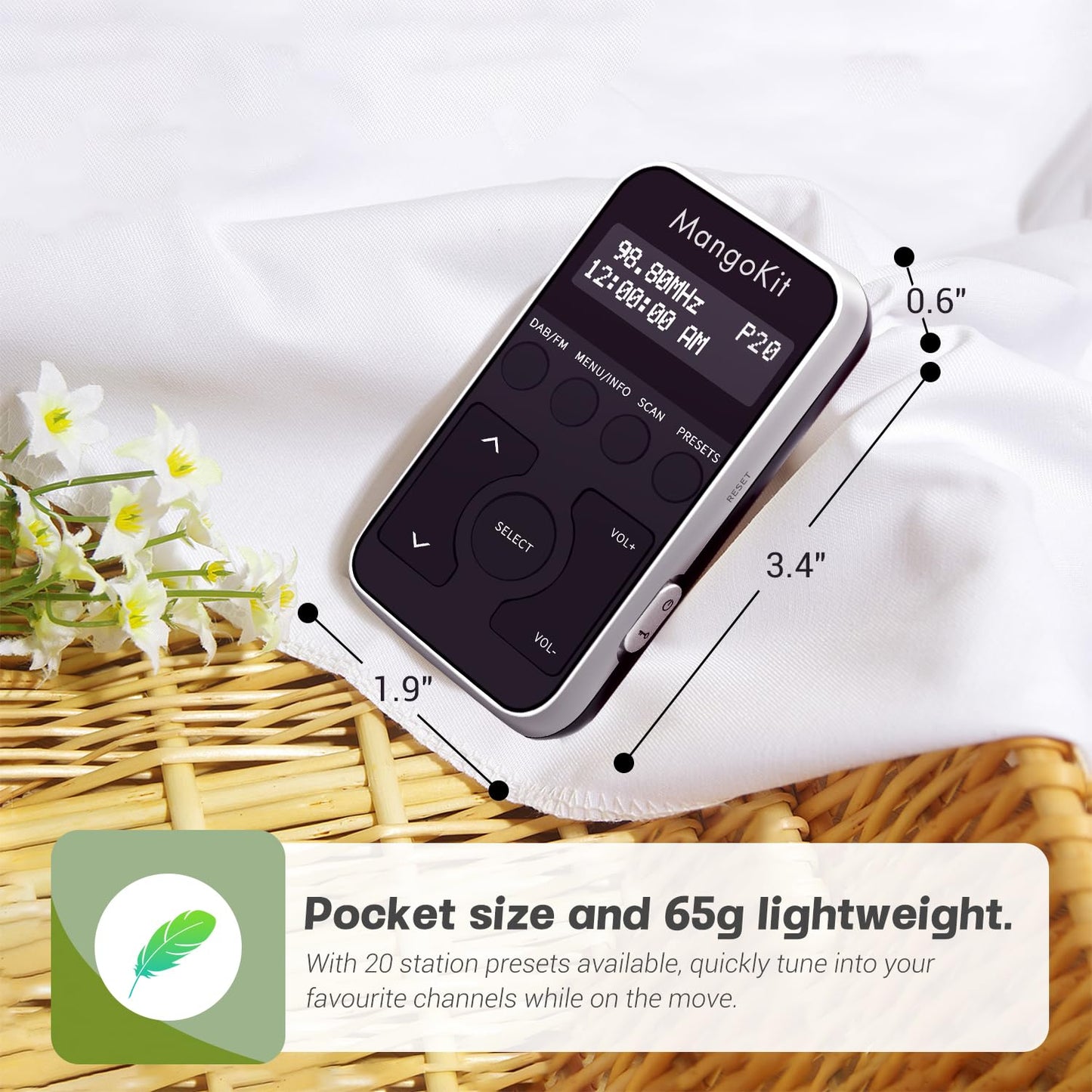 MangoKit MP1+ Portable Pocket DAB DAB+ Radio, Personal FM Radio with Headphones, Sports DAB Radio with Lockable Buttons, Rechargeable Battery, 20 Presets W/Display-Black & Silver.