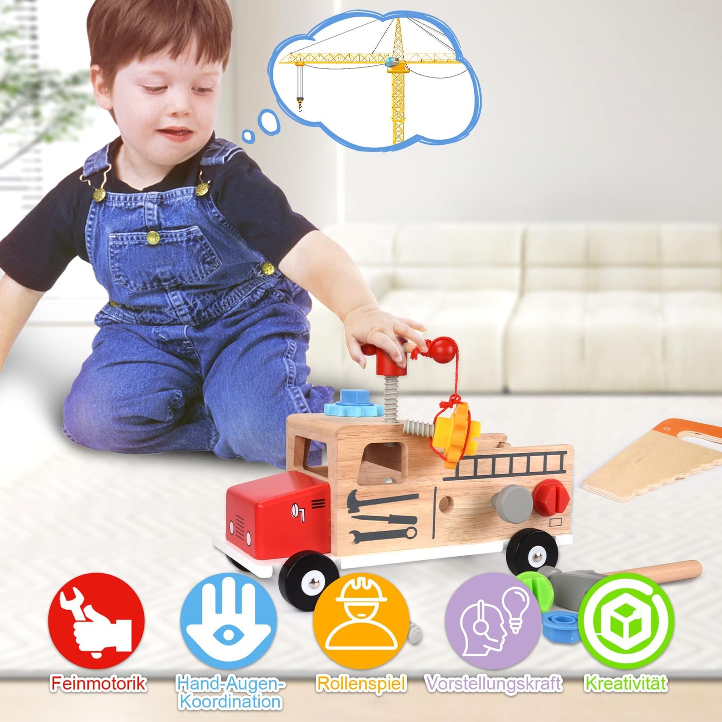 Toolbox for kids workbench, Montessori wooden toy kids toolset for ages 2 3 4, toy toolbox learning games tool kit kids tool cart gift boy girl 2 3 4 years.