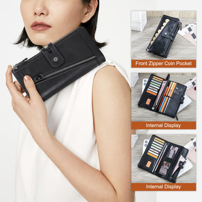 CONTACTS RFID Women's Zipper Wallet-Lady Card Coin Holder Phone Clutch Purse Genuine Leather (Black)