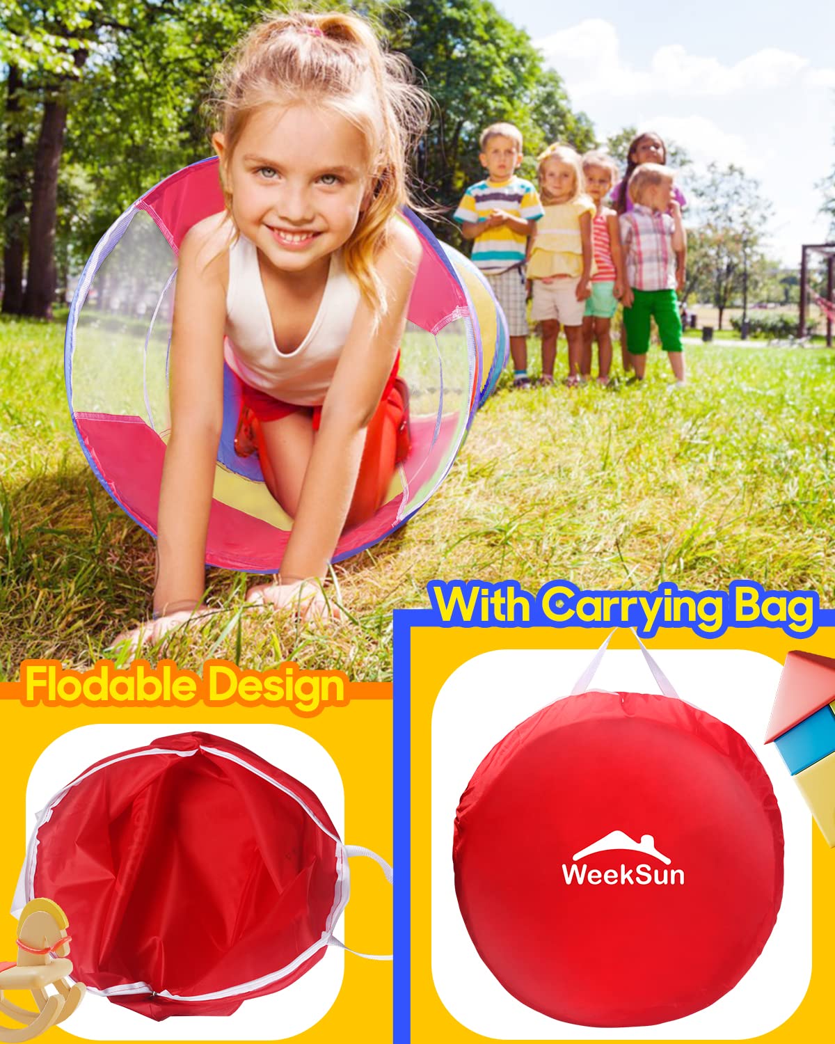 WEEKSUN Tunnel for Kids, 180 cm Play Tunnel for Children, Crawl Tunnel for Kids with Breathable Mesh Window, Pop-up Design with Carry Bag, Tunnel for All Ages, Indoor & Outdoor Use (Ø 46 cm)