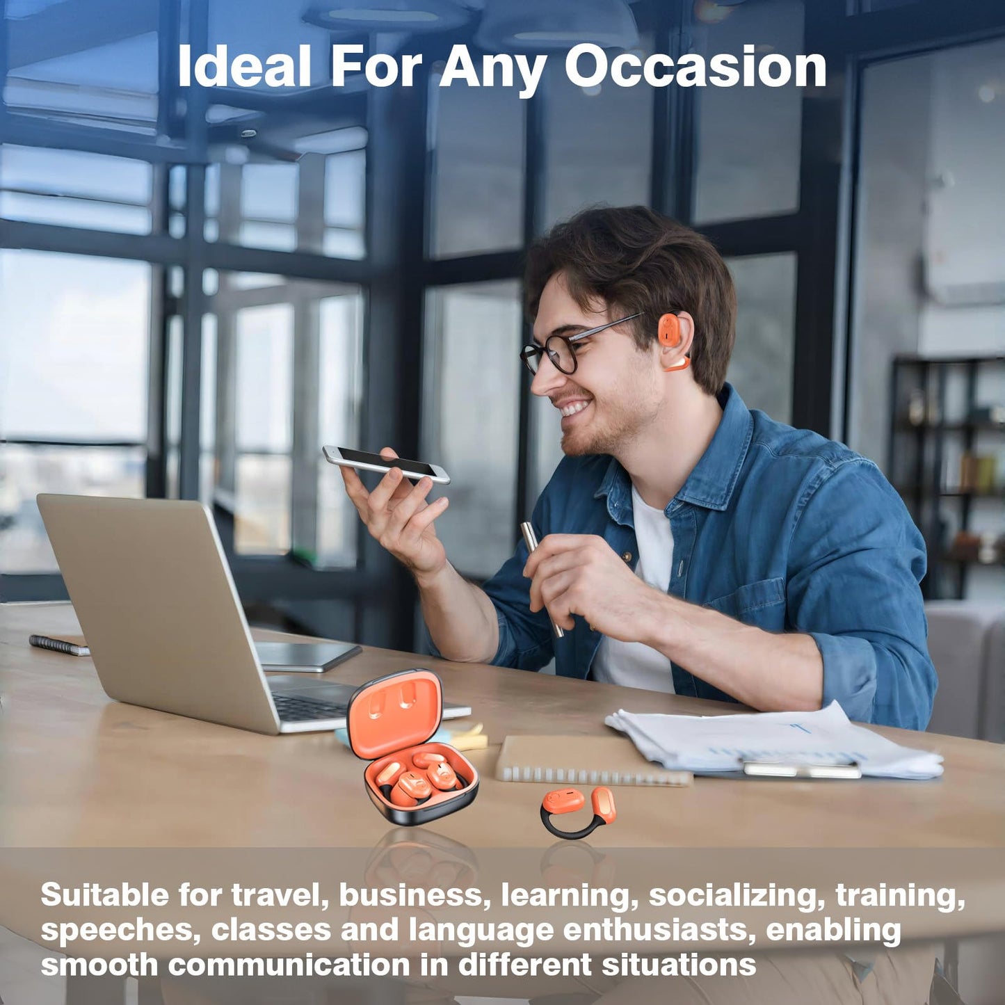 AI headphone translator, 2025 translation headphones, 144+ language headphone translator in real time with app, Bluetooth translation earphones for iOS and Android, travel and business (Orange)