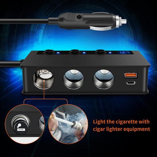 QC 3.0 Car Charger 3-Port Vehicle Fast Charger, PD Type-C 180W Cigarette Lighter Splitter Car Adapter 12V/24V Socket Splitter 2 QC 3.0 USB & Type-C Port for Phone 12 13 XR, GPS Dash Cam Mobile Phone