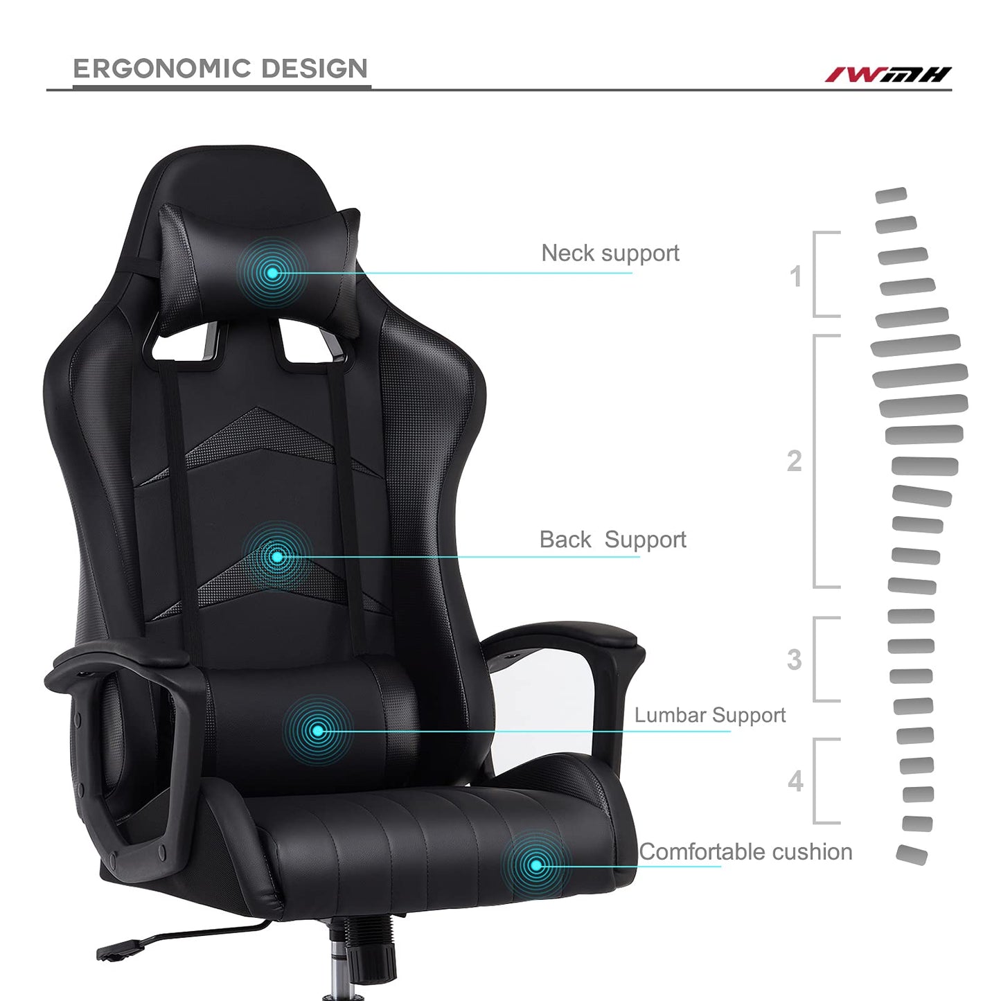 IntimaTe WM Heart Gaming Chair, Ergonomic Gamer Chair, Desk Chair with Adjustable Headrest and Lumbar Pillow, Computer Chair with High Backrest, 52 x 49 x 130cm (Black)