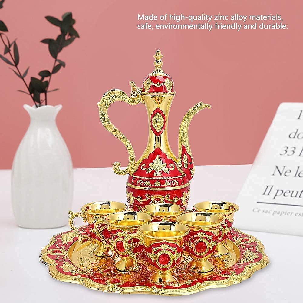 Turkish coffee set, 6-piece metal tea service with tray and gold decoration for traditional tea ceremony household accessories.