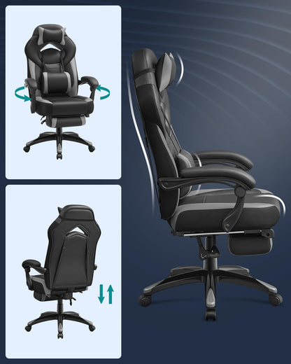 SONGMICS Gaming Chair, Office Chair with Footrest, Desk Chair, ergonomic design, adjustable headrest, lumbar support, up to 150 kg capacity, black-grey OBG77BGG