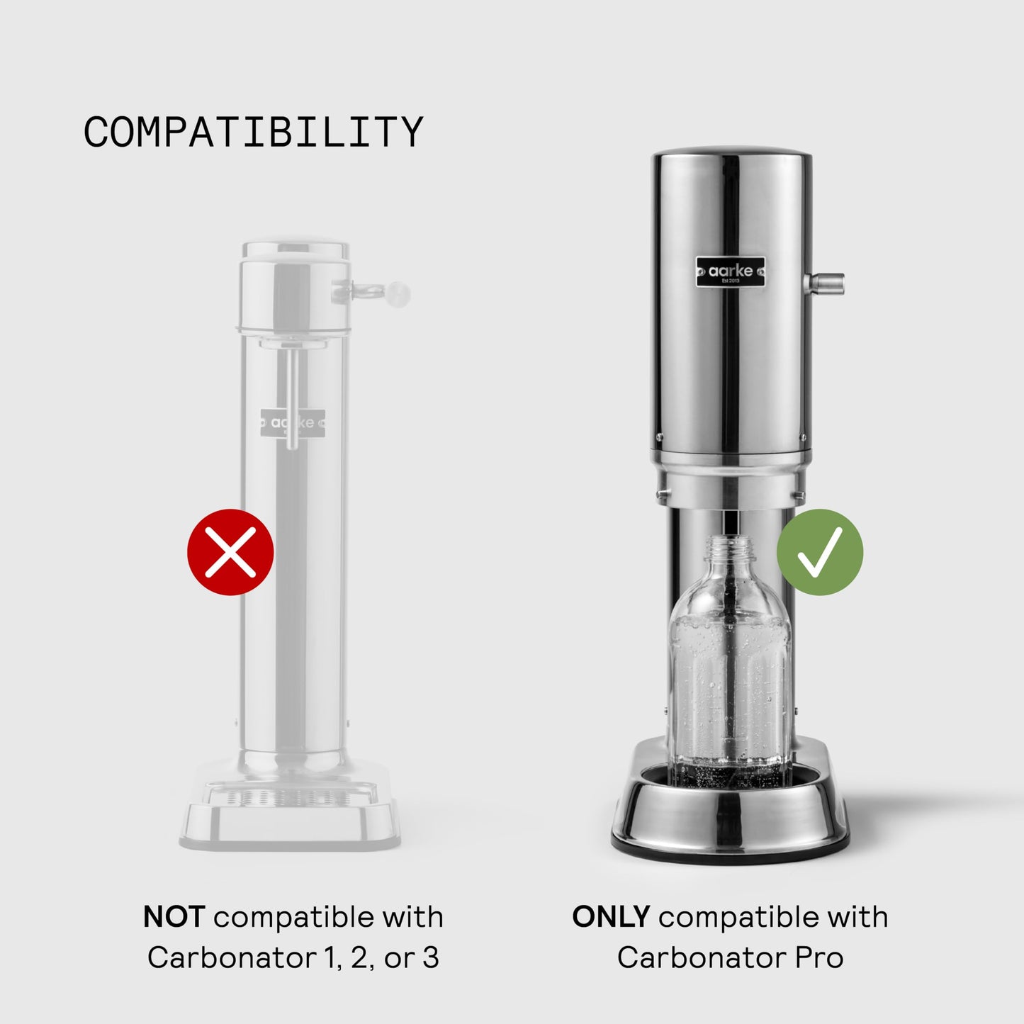 Aarke glass bottle [only compatible with Carbonator PRO] for water carbonator Carbonator Pro, dishwasher safe, with details in stainless steel.