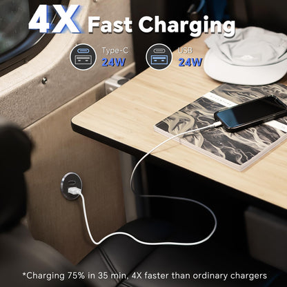12V USB socket for RVs made of aluminum, with 24W Type C PD3.0 connection and QC 3.0. Perfect for boats, caravans, campers, trucks.
