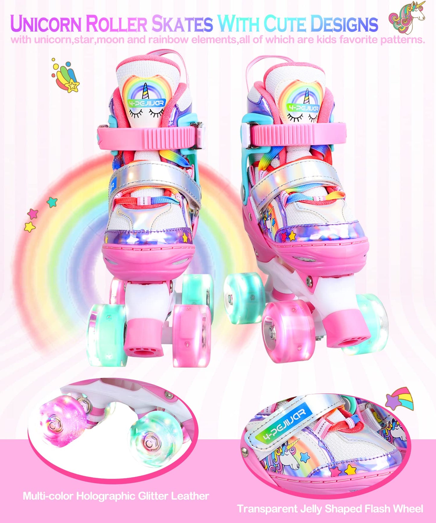 Children's unicorn roller skates for girls. Suitable for ages 6-12. With glowing wheels, 4-wheel adjustable beginner quad roller skates for Christmas and birthday gifts.