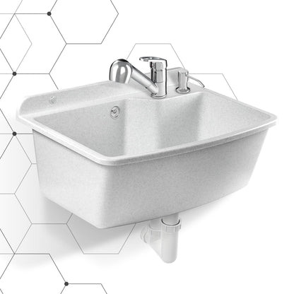 GOSPO Sink basin with pull-out faucet, washbasin 61 x 44 x 23.5 cm, utility sink with soap dispenser, siphon, sink including accessories, utility room, industrial washbasin (white)