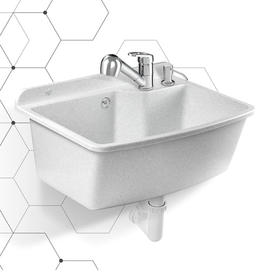 GOSPO Sink basin with pull-out faucet, washbasin 61 x 44 x 23.5 cm, utility sink with soap dispenser, siphon, sink including accessories, utility room, industrial washbasin (white)