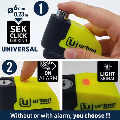 URBAN UR6 disc brake lock with 120dB alarm ON/Off with warning function, Optional activation, Long-lasting battery, Waterproof, Motorcycle lock alarm system Anti-theft protection Scooter Universal ø6mm