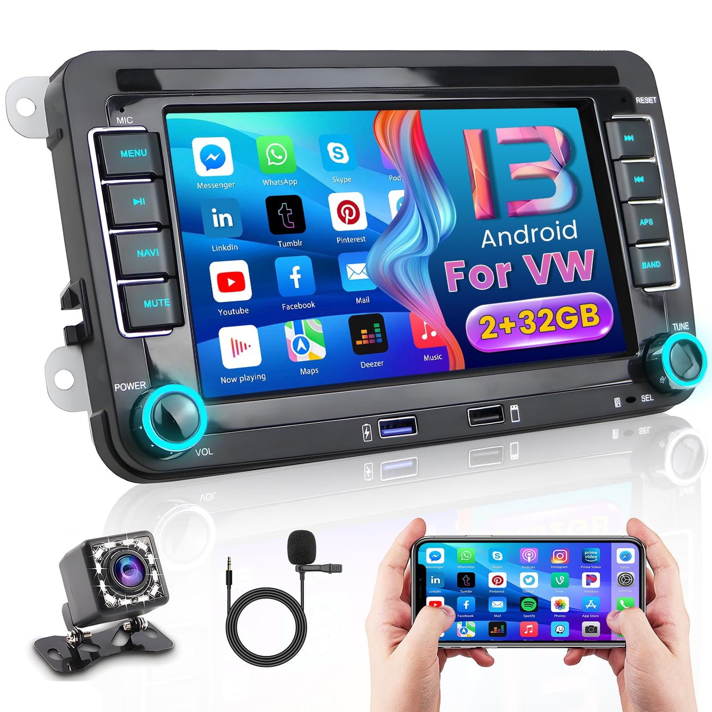 [2G+32G] Hikity Android Car Radio GPS Navigation For VW Golf 5 6 Polo T5 Tiguan Caddy Skoda Passat B6 B7 Touran 7 Inch Car Stereo 2Din with GPS WiFi Bluetooth FM USB Mirror Link MIC Rear View Camera