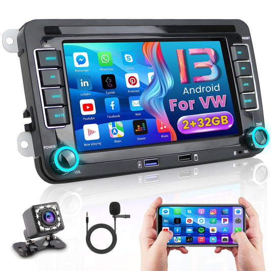 [2G+32G] Hikity Android Car Radio GPS Navigation For VW Golf 5 6 Polo T5 Tiguan Caddy Skoda Passat B6 B7 Touran 7 Inch Car Stereo 2Din with GPS WiFi Bluetooth FM USB Mirror Link MIC Rear View Camera