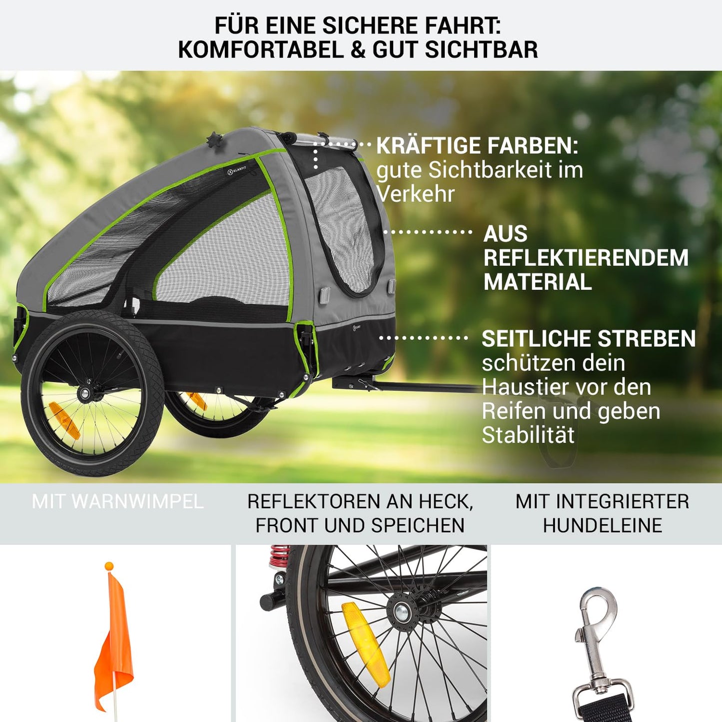 Klarfit 2-in-1 bike trailer & dog buggy, foldable, dog trailer with suspension, reflectors & leash, for dogs up to 45kg