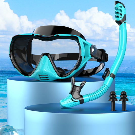 Adult diving mask snorkel mask 180° panoramic view diving mask leak-proof anti-leak swimming goggles for diving (water green-with snorkel)