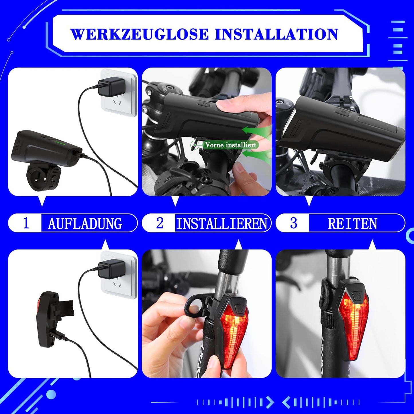FORTRY bike light set, StVZO certified bicycle lighting, USB Type C rechargeable bike lights LED set, IPX5 waterproof front and rear bike lights (100 LUX with LightSense).