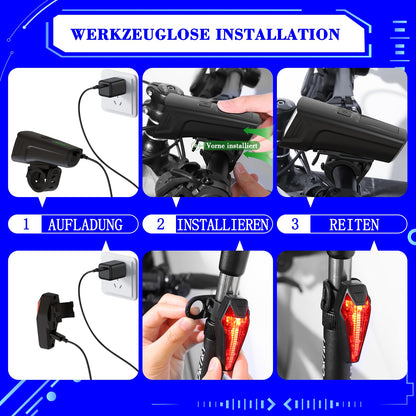 FORTRY bike light set, StVZO certified bicycle lighting, USB Type C rechargeable bike lights LED set, IPX5 waterproof front and rear bike lights (100 LUX with LightSense).