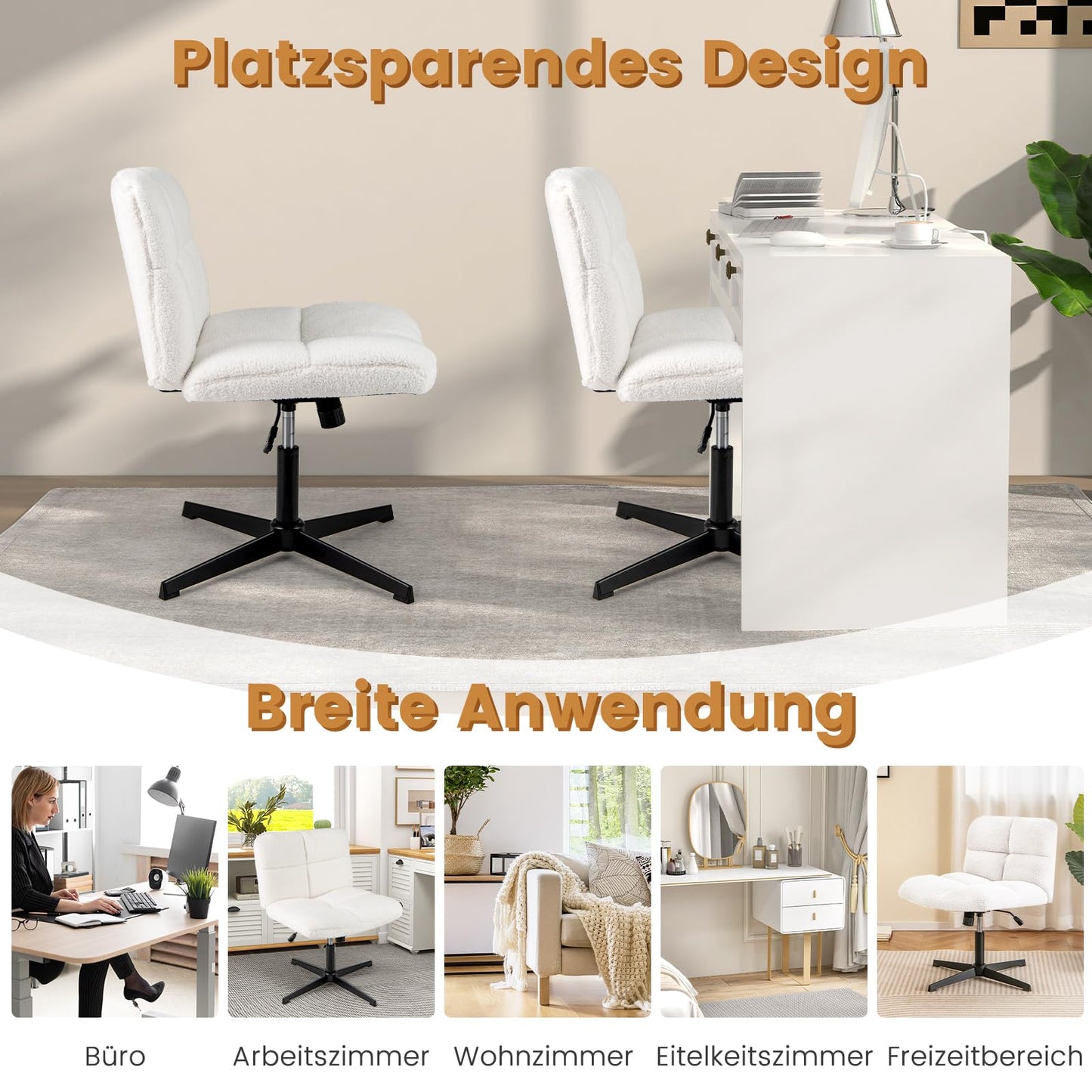 COSTWAY Tailor's Seat Chair, Swivel Chair without Armrests, Desk Chair with Wide Seat, Office Chair with Cross Base, Makeup Chair, Height Adjustable, Rocking Function, Modern (Beige)