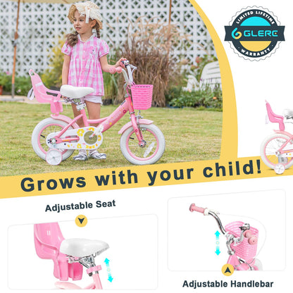 Glerc Maggie 12 inch kids bike for 1 2 3 4 year old girls. Princess style with doll seat, basket, training wheels & bell. Perfect birthday gift, pink to white.