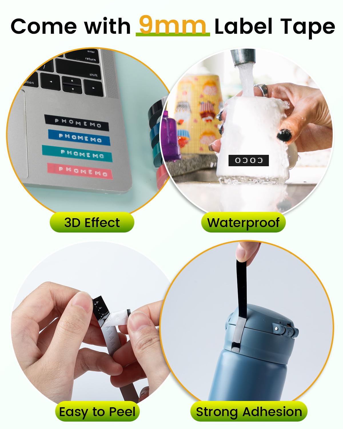 Phomemo Label Printer, 3D Embossing Machine E975, Portable Labeling Device, Green Label Embossing Machine with 6 Label Tapes, Label Printer with (£ € Ä Ö Ü), Easy to Use for Home, Office.