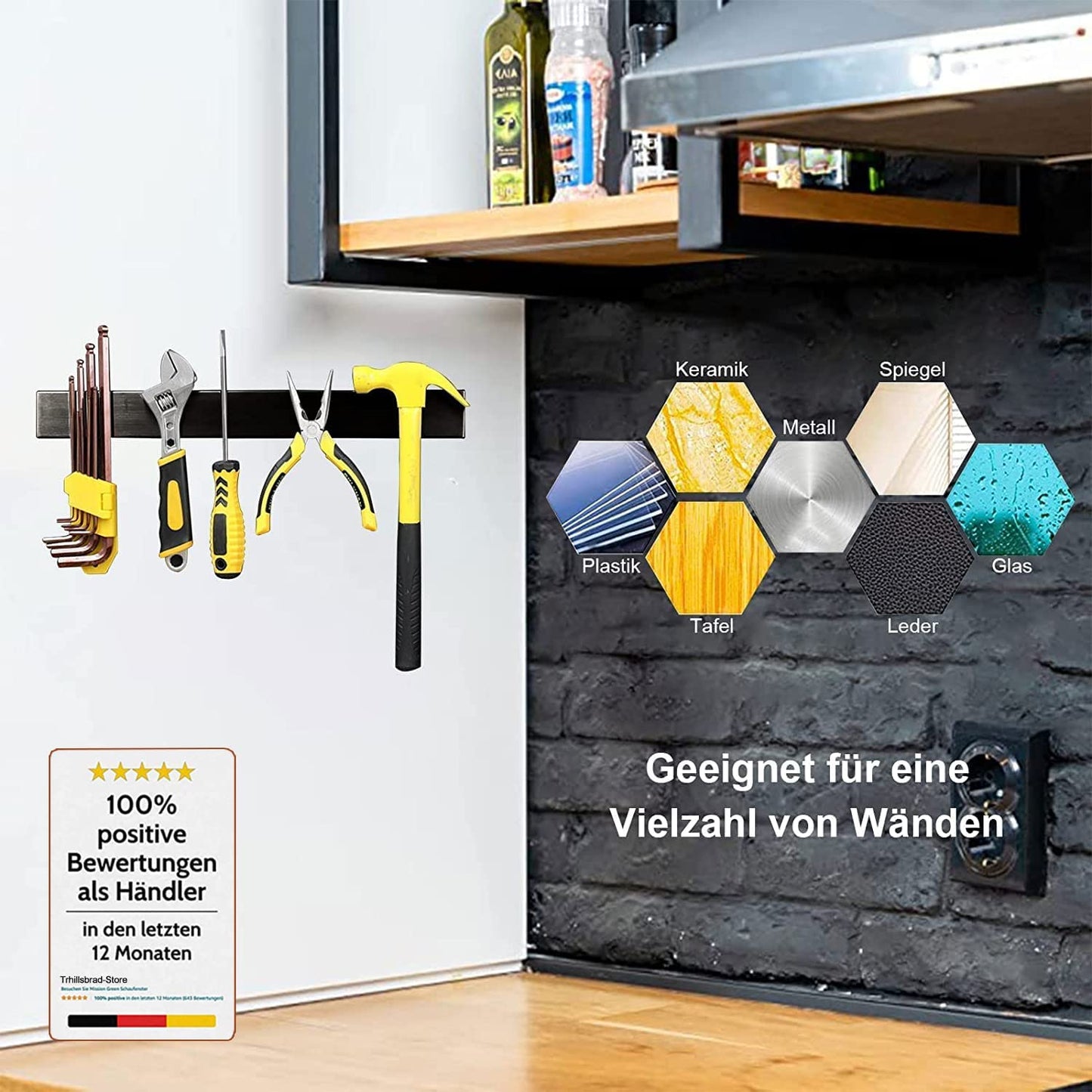 Trhillsbrad 16 inch Magnetic Knife Strip, Stainless Steel Knife Holder with 2 Hooks, Self Adhesive Black Magnetic Knife Rack, Wall Mounted Knife Holder without Drilling for Kitchen Knives.