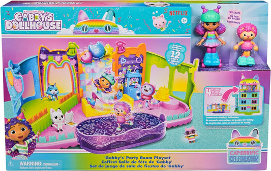 Gabby's Dollhouse, Party Room Playset, Skate Park Attic Room with Gabby and Marty figure, furniture, and accessories, for ages 3 and up.