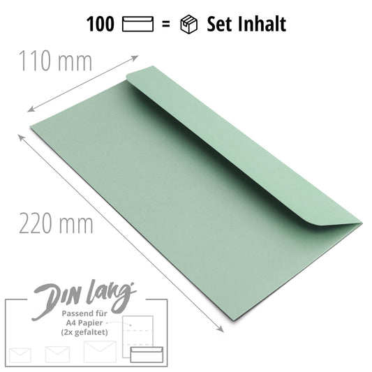 Japun - Paper envelopes (100 pcs), made of paper, without window - DL size - 220 x 110 mm - green.