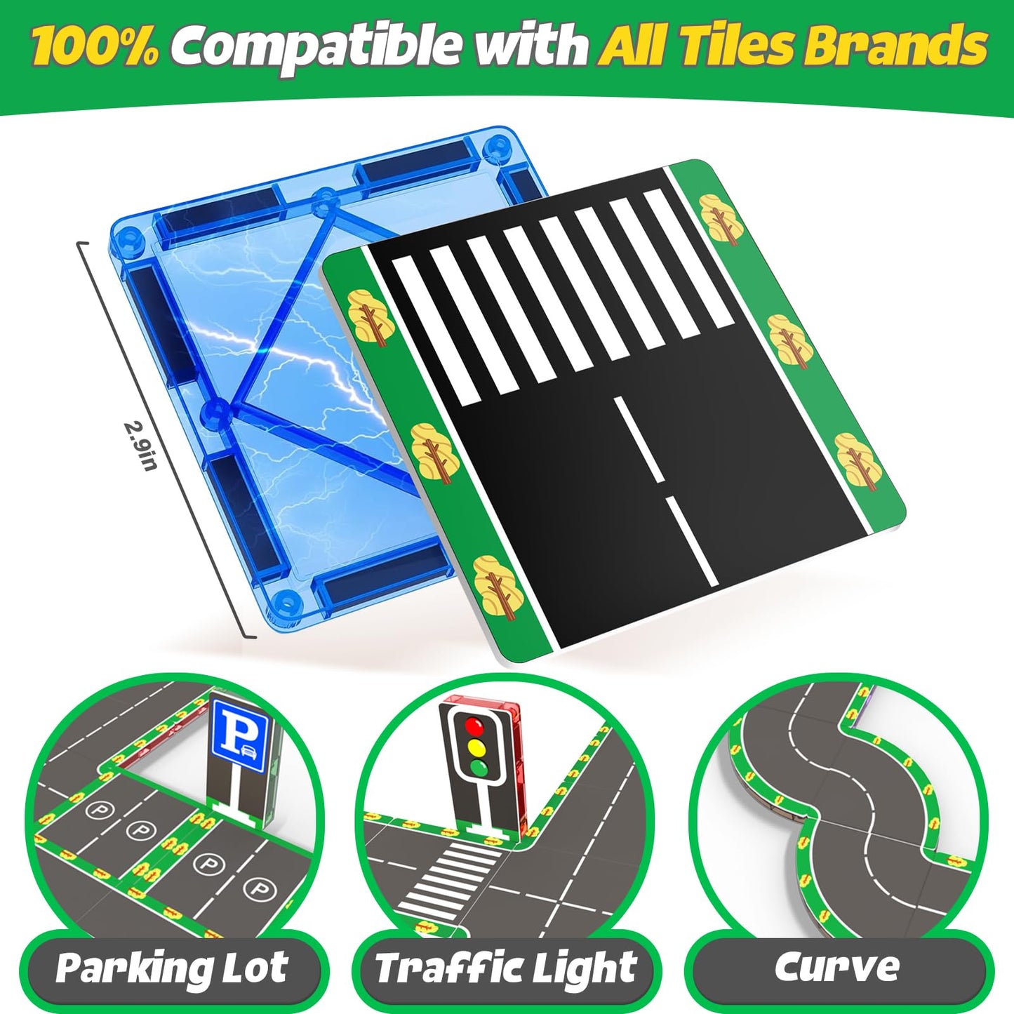 64-piece Magnetic Building Blocks Road Set with magnetic tiles STEM toy for 3 year old boys and girls. Customized birthday gifts for children aged 3-8 years.