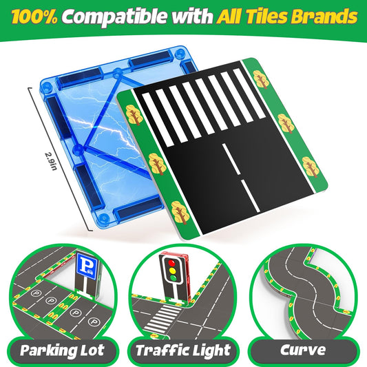 64-piece Magnetic Building Blocks Road Set with magnetic tiles STEM toy for 3 year old boys and girls. Customized birthday gifts for children aged 3-8 years.
