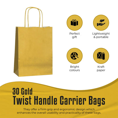 Thepaperbagstore 30 Gold paper party bags with handles – 18x22x8 cm – Colorful paper gift bags for children, parties, birthdays, weddings, confectionery and retail stores.