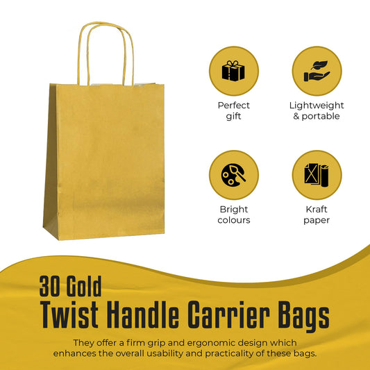 Thepaperbagstore 30 Gold paper party bags with handles – 18x22x8 cm – Colorful paper gift bags for children, parties, birthdays, weddings, confectionery and retail stores.