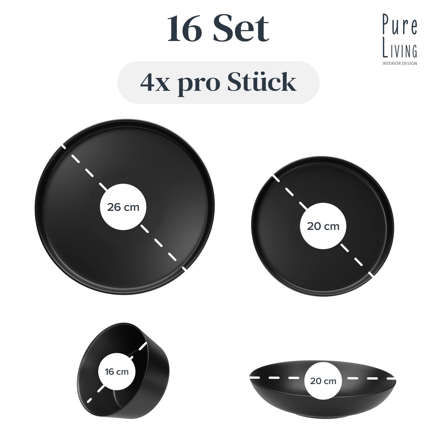 Stoneware dinnerware set for 4 people Manhattan 16 pieces. AWARD WINNER, Cool Urban Stoneware Dinner Set, Bowl and Plate Set, Tableware for 4 people, Pure Living dinner sets in matte black.