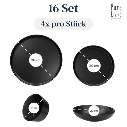 Stoneware dinnerware set for 4 people Manhattan 16 pieces. AWARD WINNER, Cool Urban Stoneware Dinner Set, Bowl and Plate Set, Tableware for 4 people, Pure Living dinner sets in matte black.