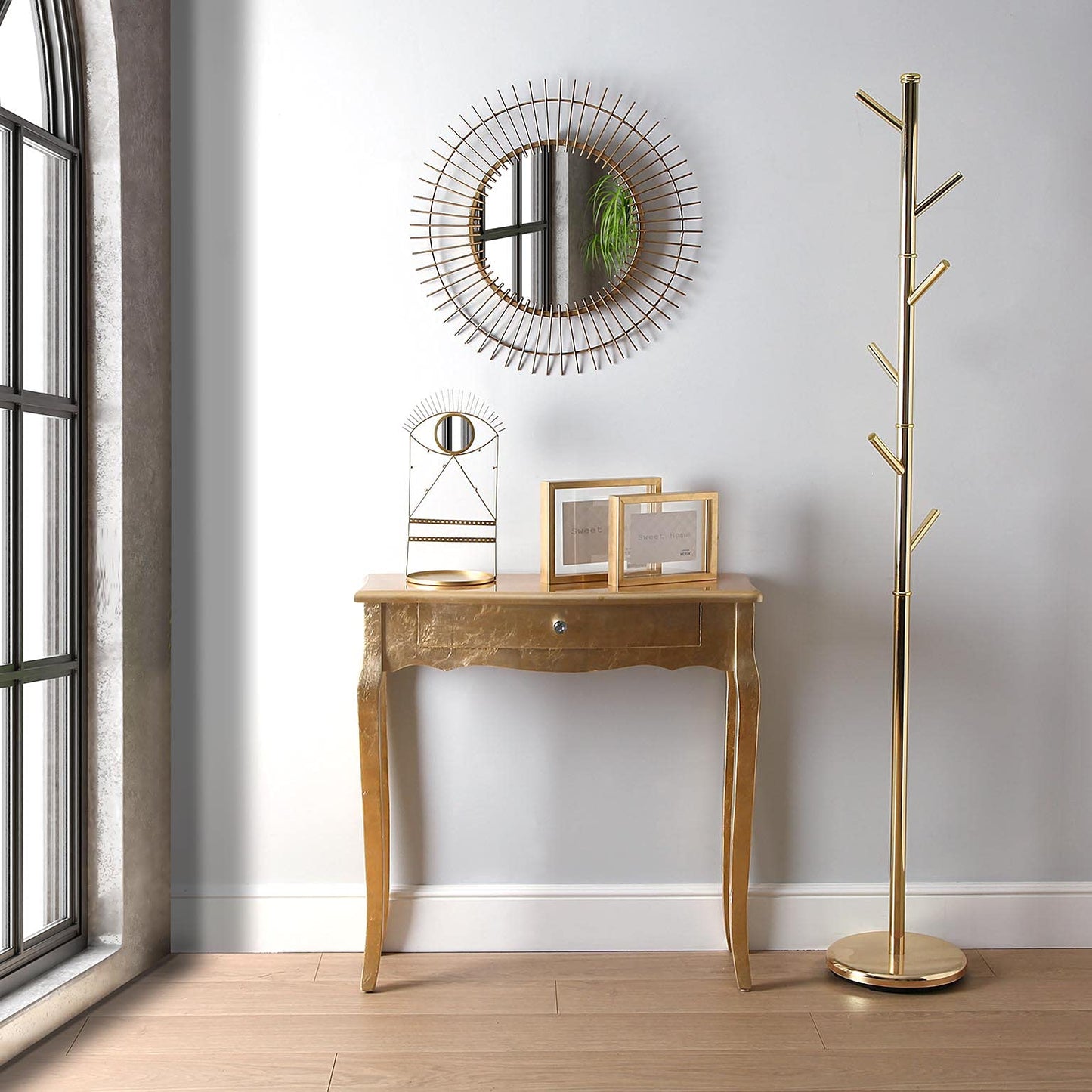 Versa Cagliari Narrow furniture piece for entryway or hallway, modern console table with 1 drawer, measures 80 x 30 x 80 cm (H x L x W), made of wood, color: Golden